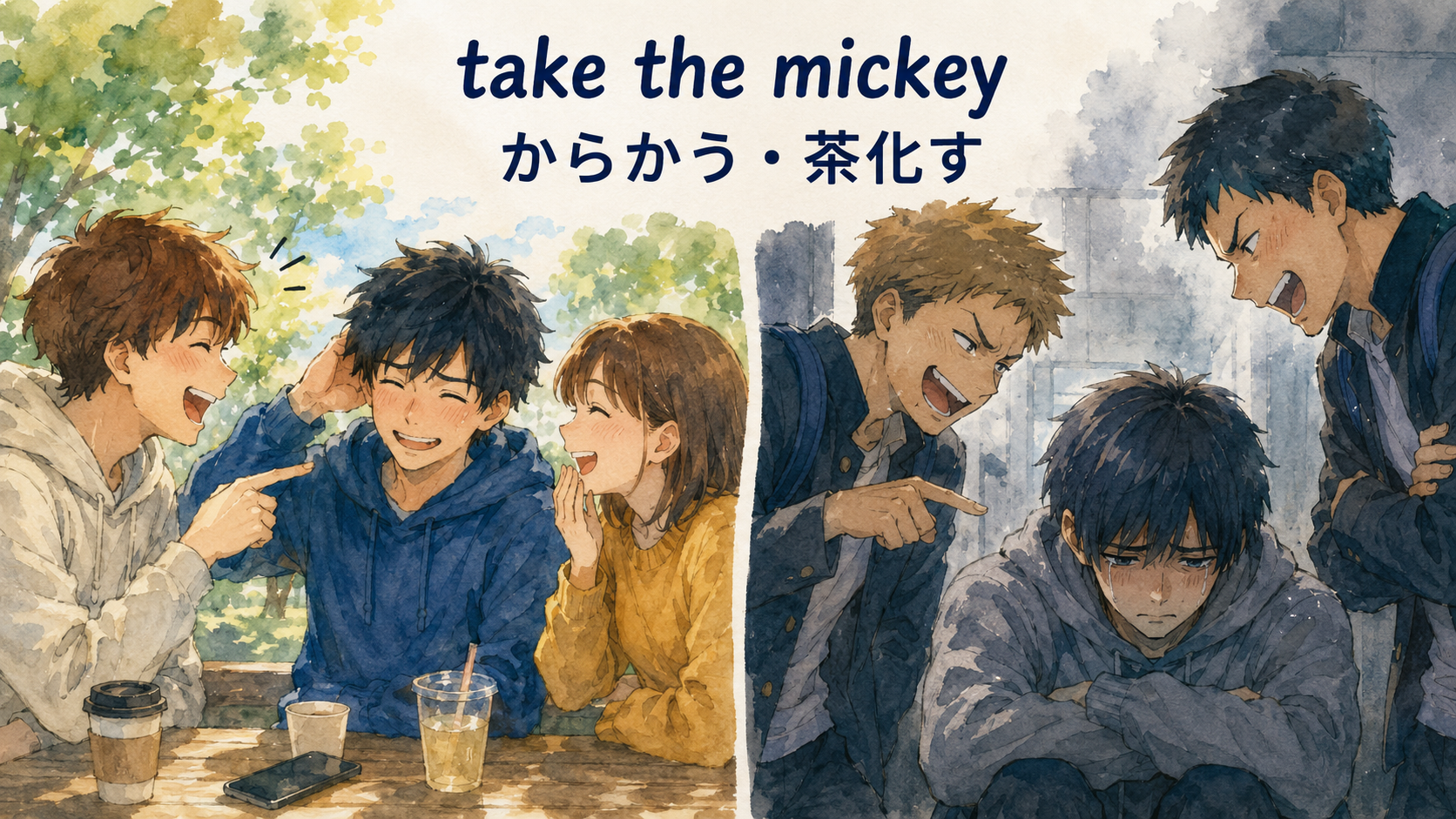take the mickeyの直訳と実際の意味を比較する解説イラスト