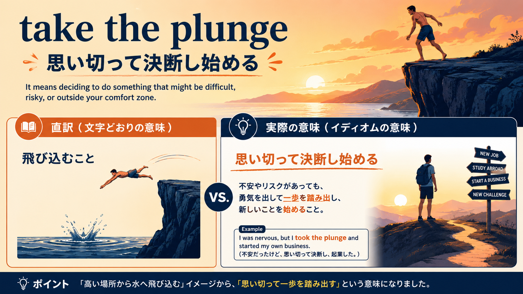 take the plungeの意味は？使い方・ニュアンス・例文と似た表現との違い