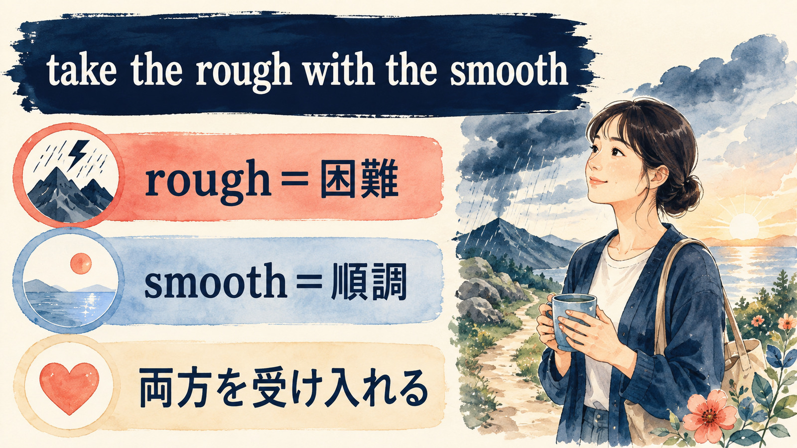 take the rough with the smoothの直訳と実際の意味を比較する本文イラスト