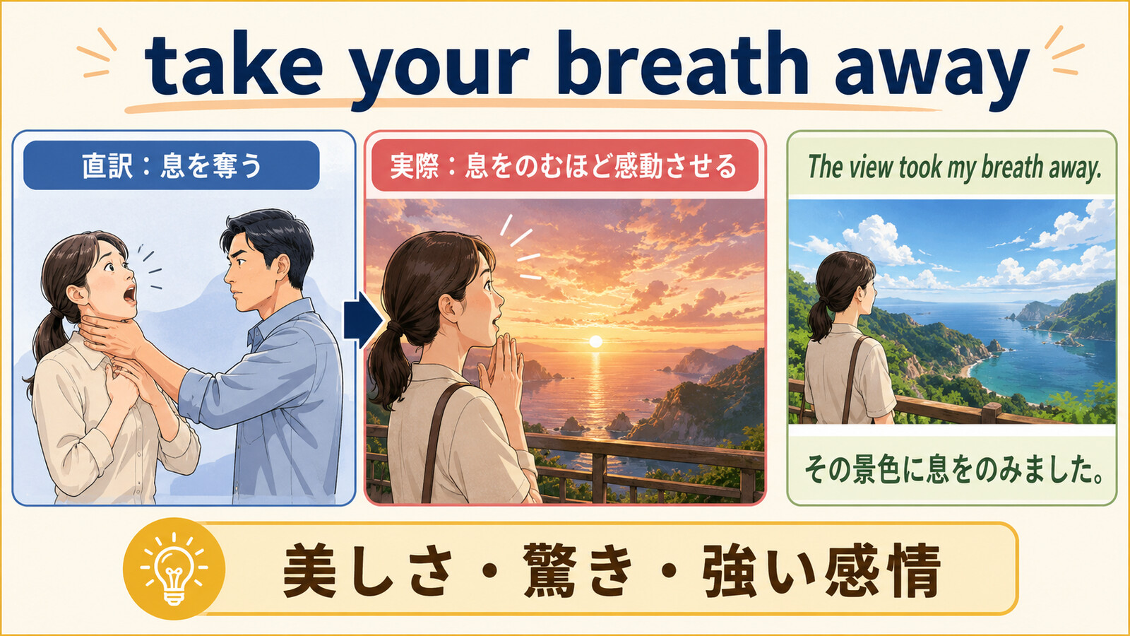 take your breath awayの直訳と実際の意味を比較する本文イラスト