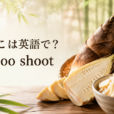 たけのこは英語でbamboo shootと示した、生のたけのこと筍ご飯の画像