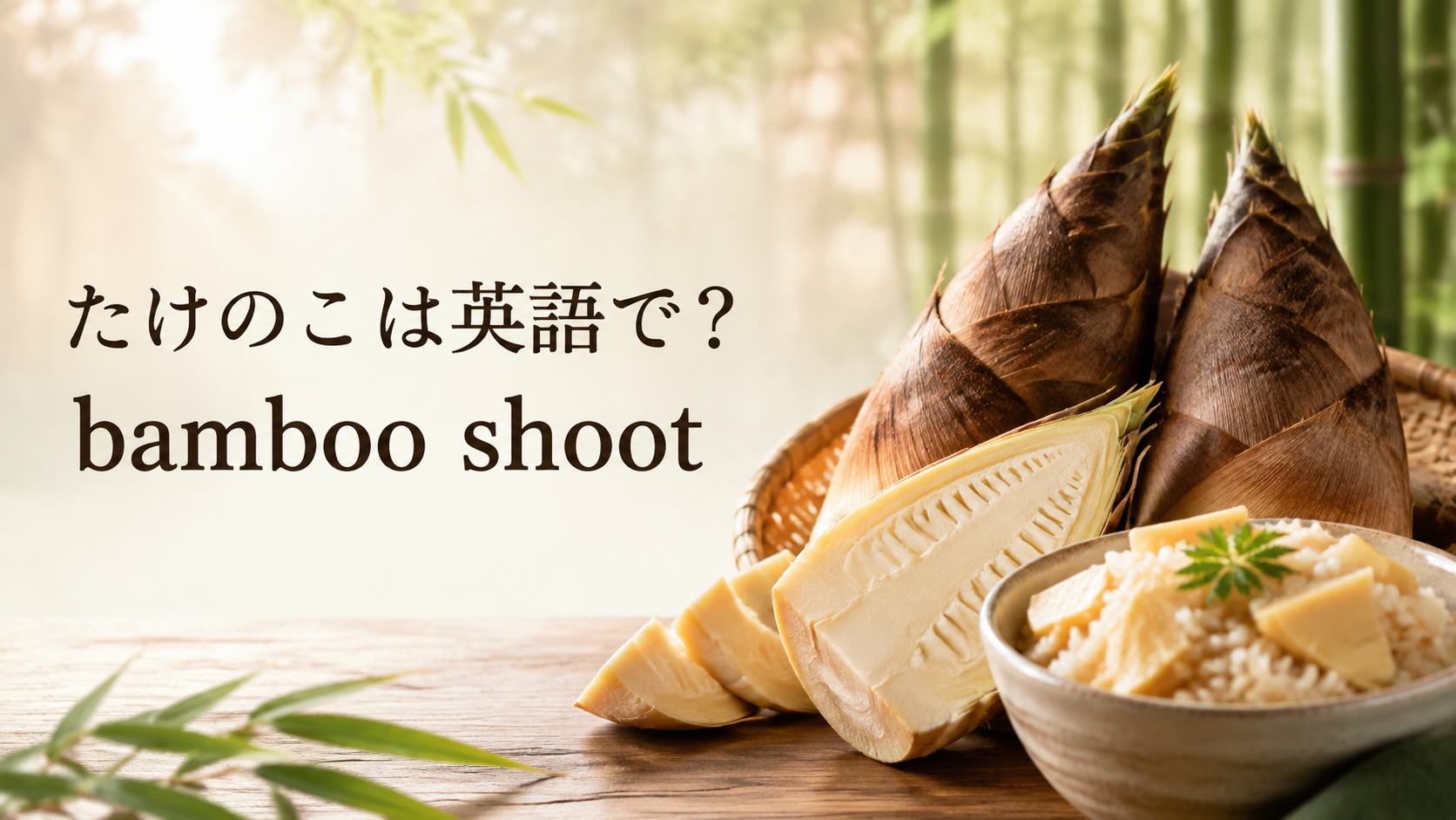 たけのこは英語でbamboo shootと示した、生のたけのこと筍ご飯の画像