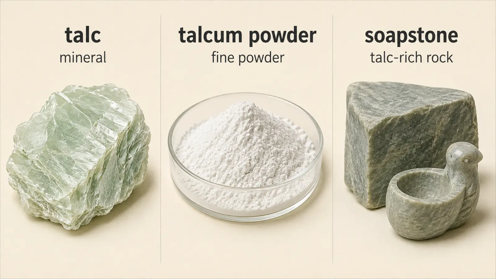 talc、talcum powder、soapstoneの違いを示す英語解説イラスト