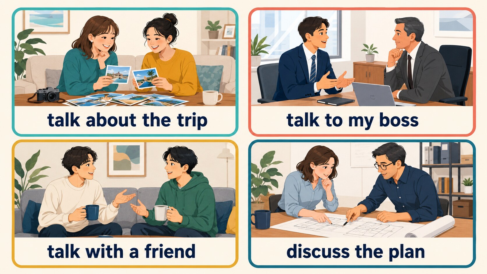 talk about the trip・talk to my boss・talk with a friend・discuss the planの比較図