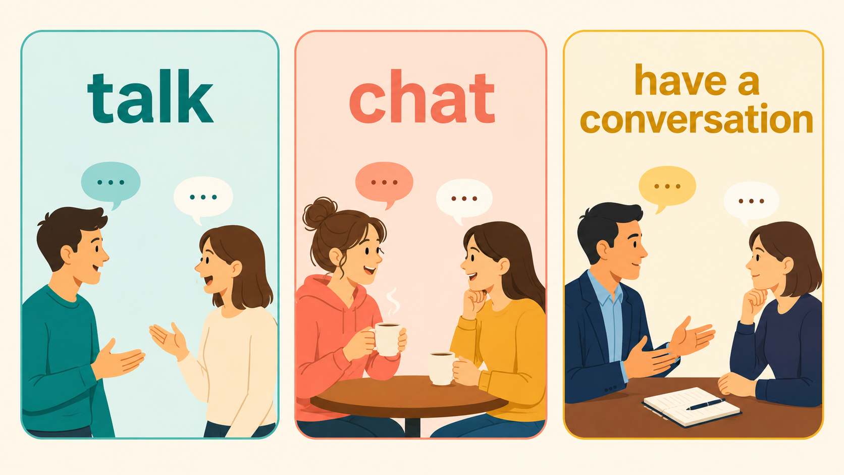 talk、chat、have a conversationの違いを示す比較図