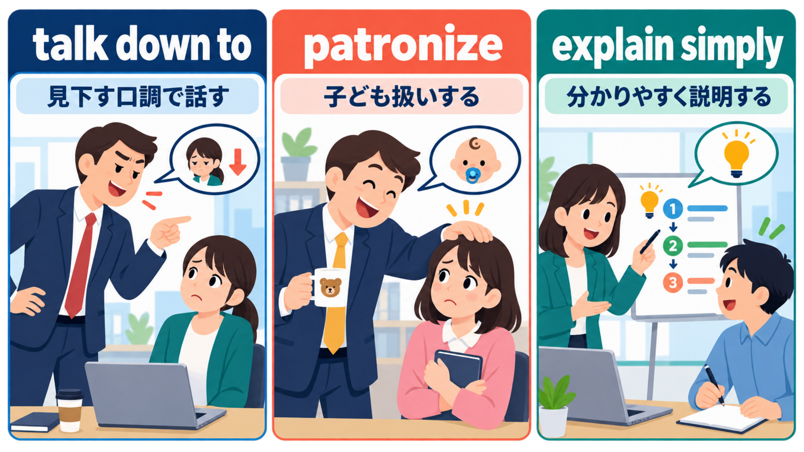 talk down to、patronize、explain simplyのニュアンスの違い