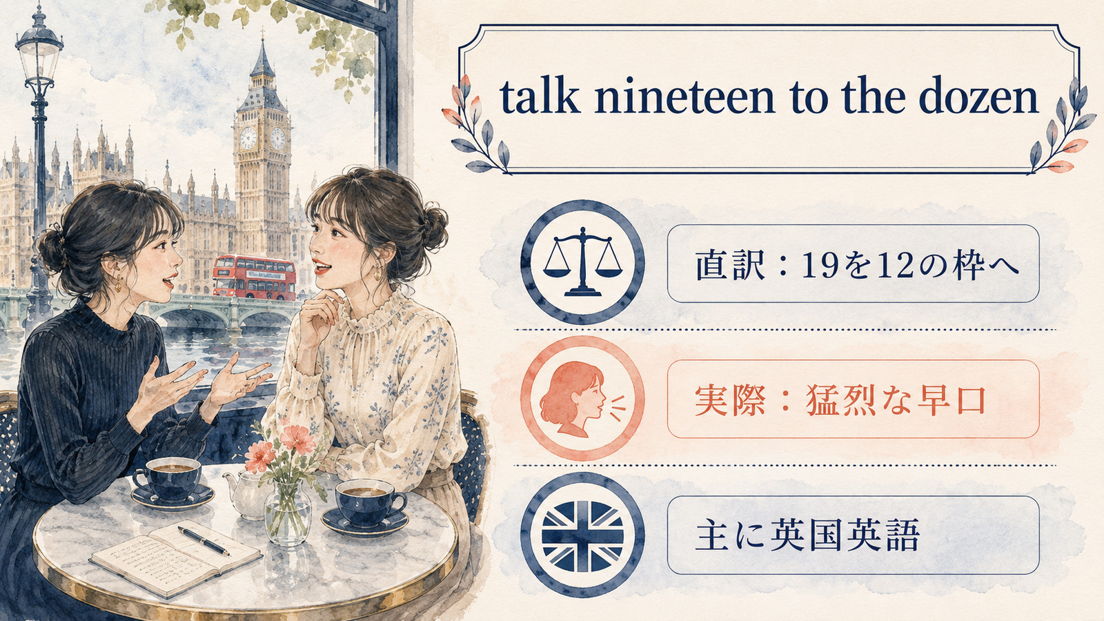 talk nineteen to the dozenの直訳と実際の意味を比較する本文イラスト