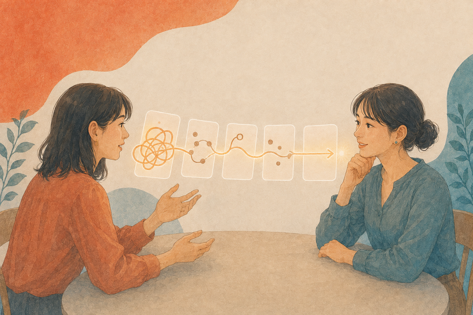 複雑な問題を順を追って話し合い整理する二人の女性