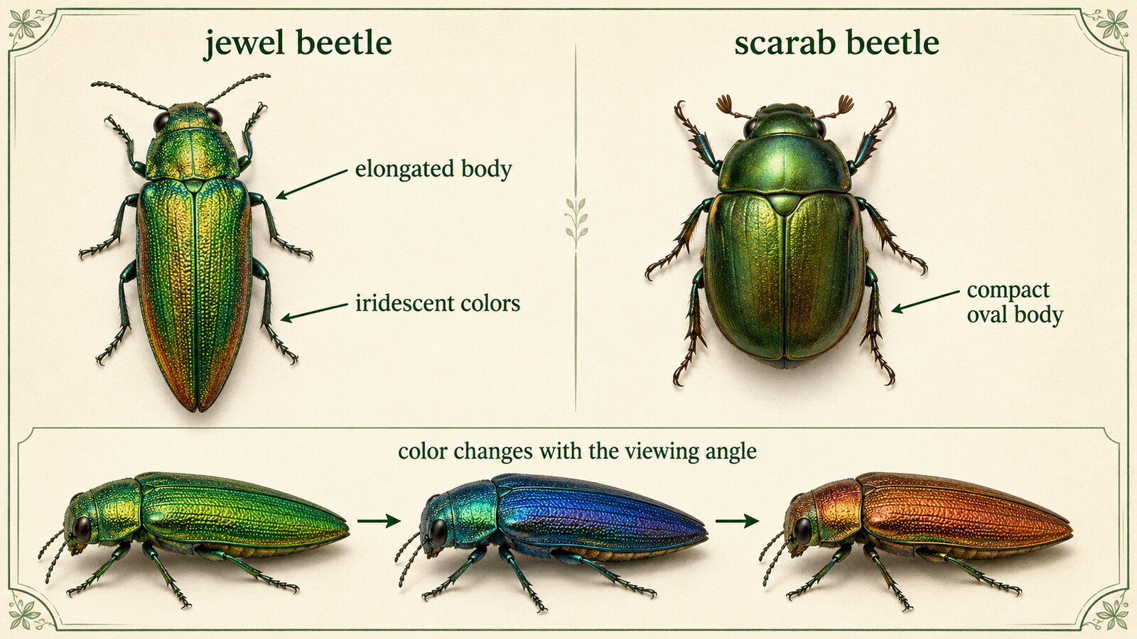 細長いjewel beetleと丸いscarab beetleの体形、見る角度で変化するiridescent colorsを示す英語図解