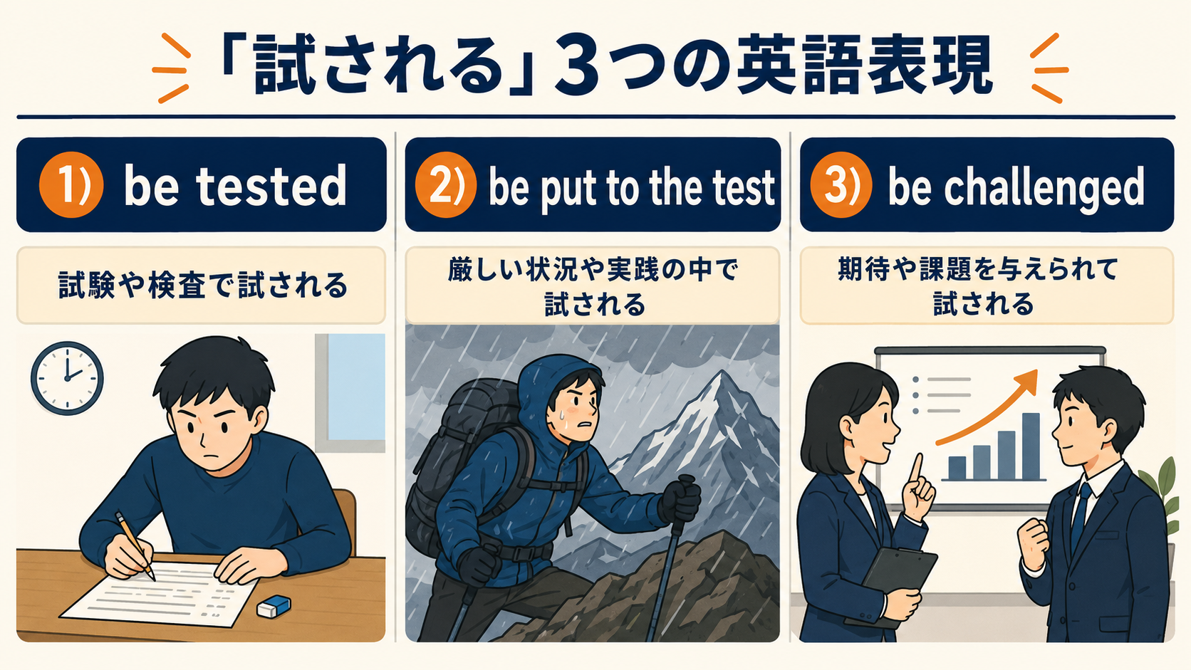 試されるを表すbe tested・be put to the test・be challengedの使い分け図