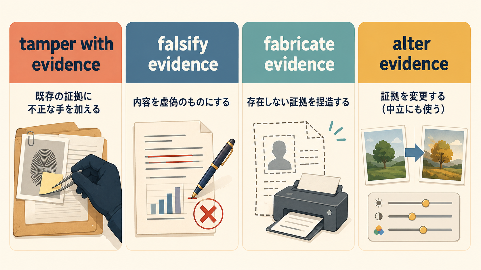 tamper with evidence、falsify evidence、fabricate evidence、alter evidenceの違い