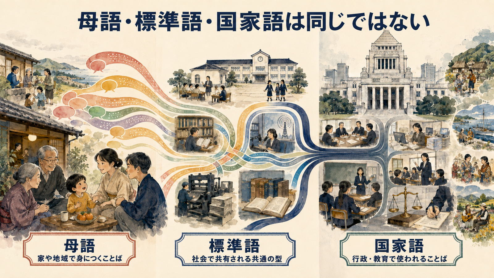 母語・標準語・国家語は同じではないことを示す図