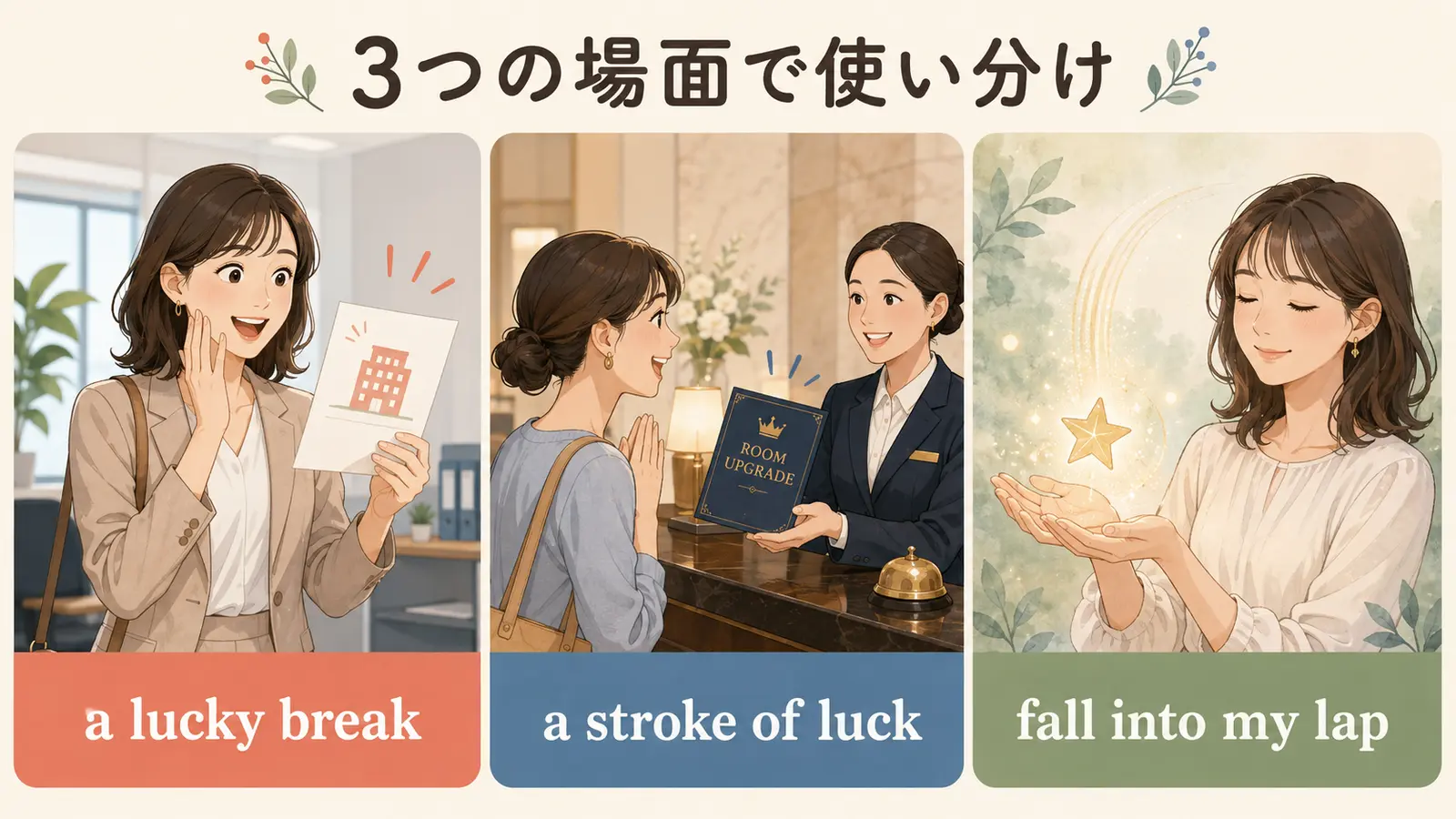 a lucky break、a stroke of luck、fall into my lapの使い分けイラスト