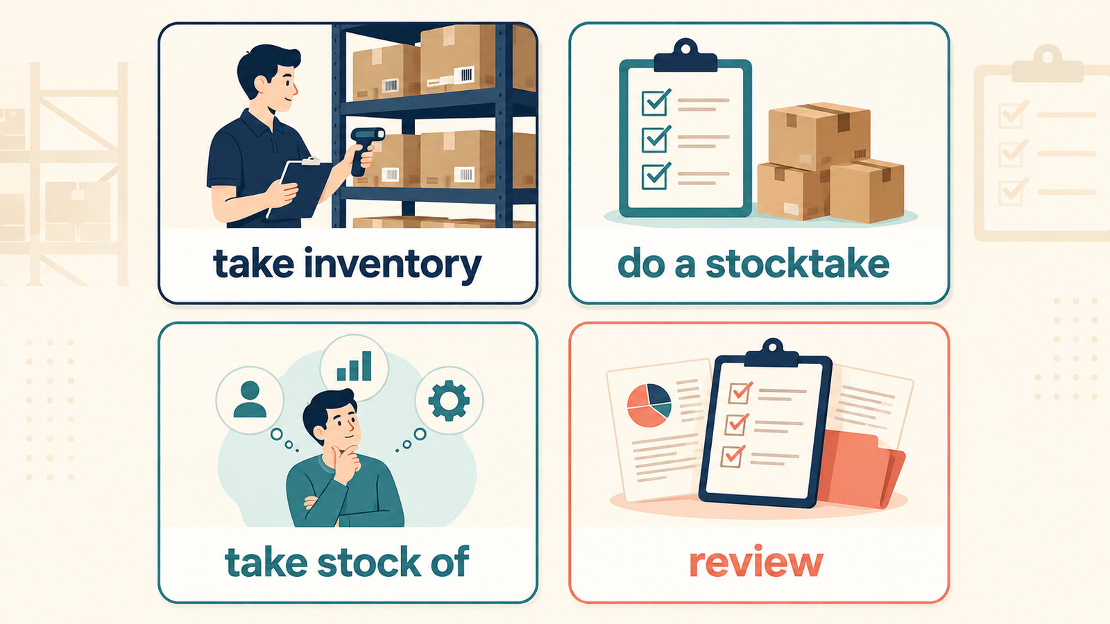 棚卸しするを表すtake inventory、do a stocktake、take stock of、reviewの違い