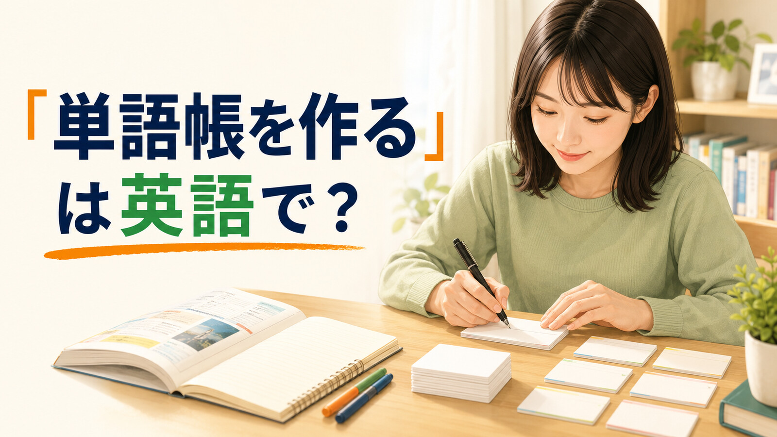 英単語を書いた小さな単語カードを作る英語学習者