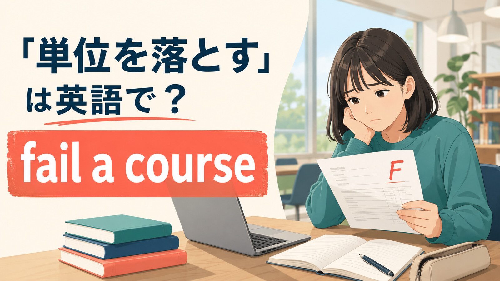 「単位を落とす」は英語でfail a courseと説明する大学生のイラスト