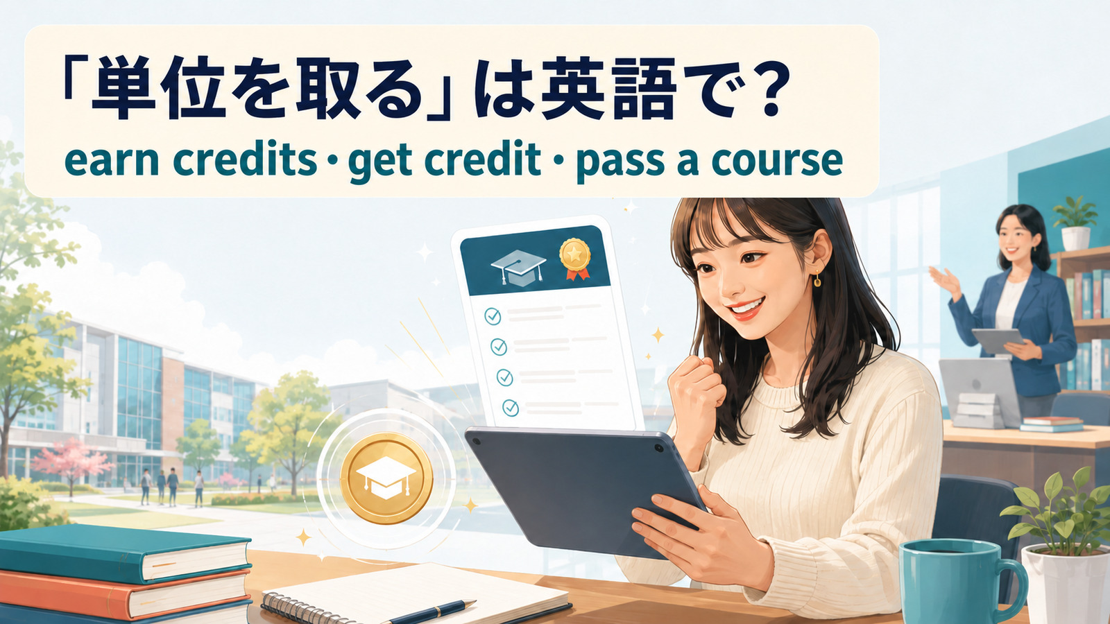 「単位を取る」は英語でearn credits・get credit・pass a courseと説明する大学生のイラスト