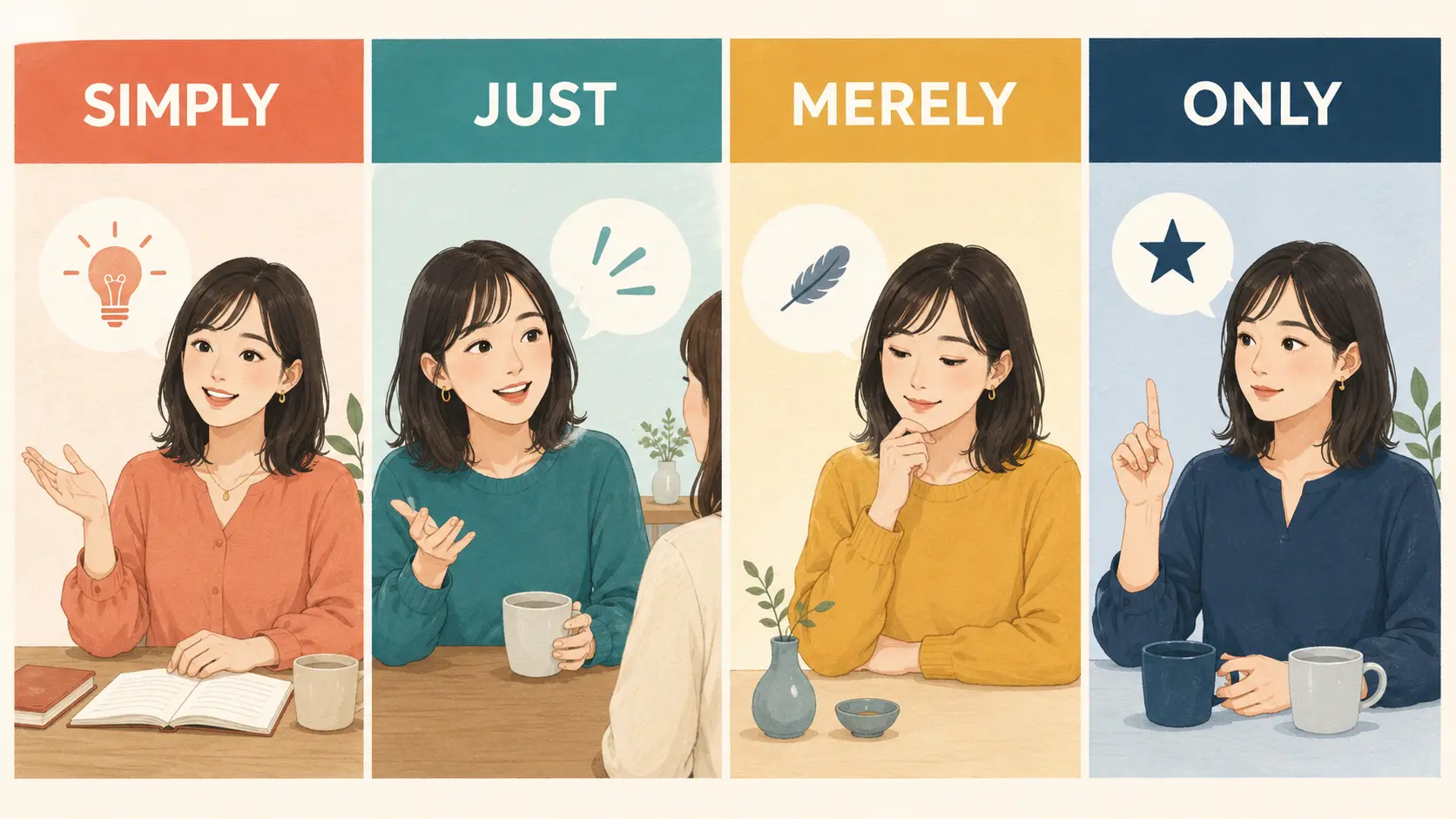 simply・just・merely・onlyの使い分け比較イラスト
