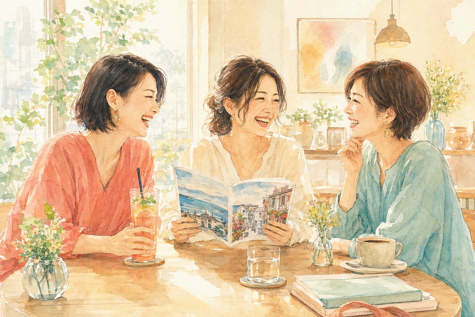 カフェで楽しい時間を過ごす女性たちのイラスト