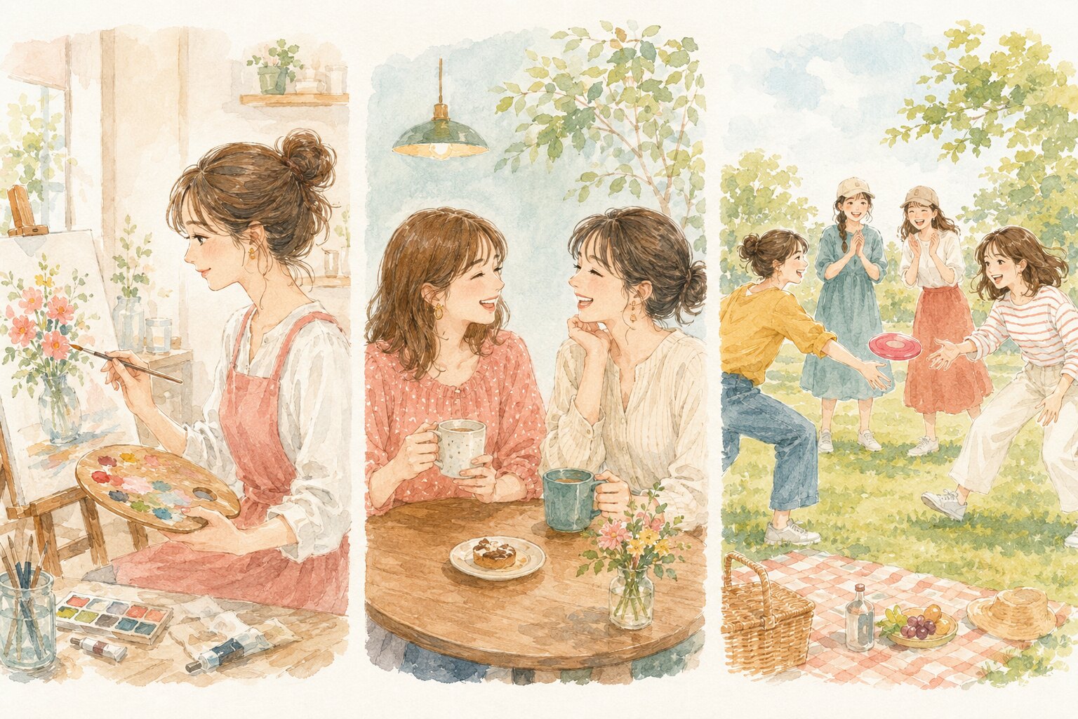 fun・enjoy・have a good timeの違いを表す3場面のイラスト
