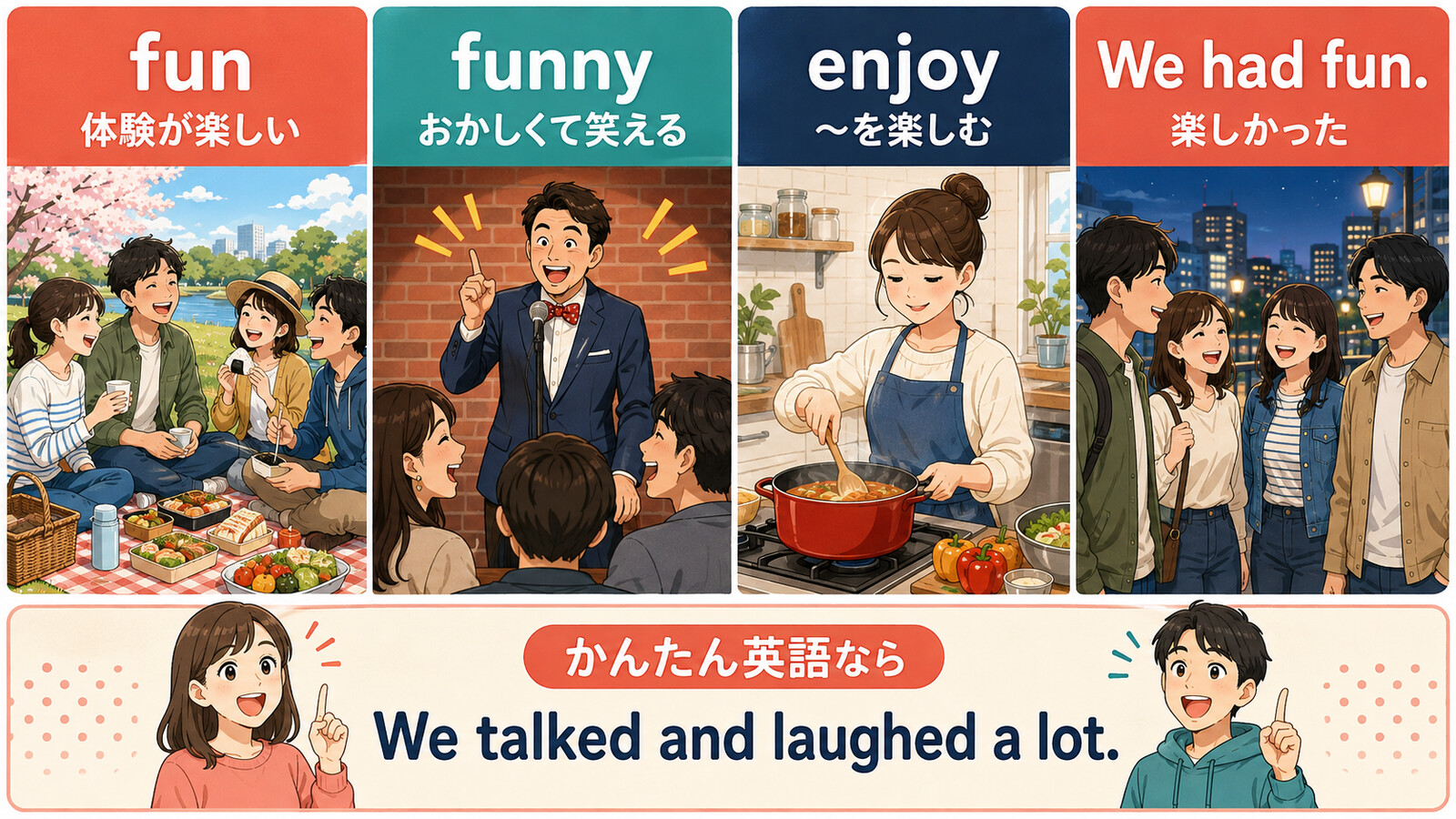 fun・funny・enjoy・We had funの違いと簡単な英語での言い換え