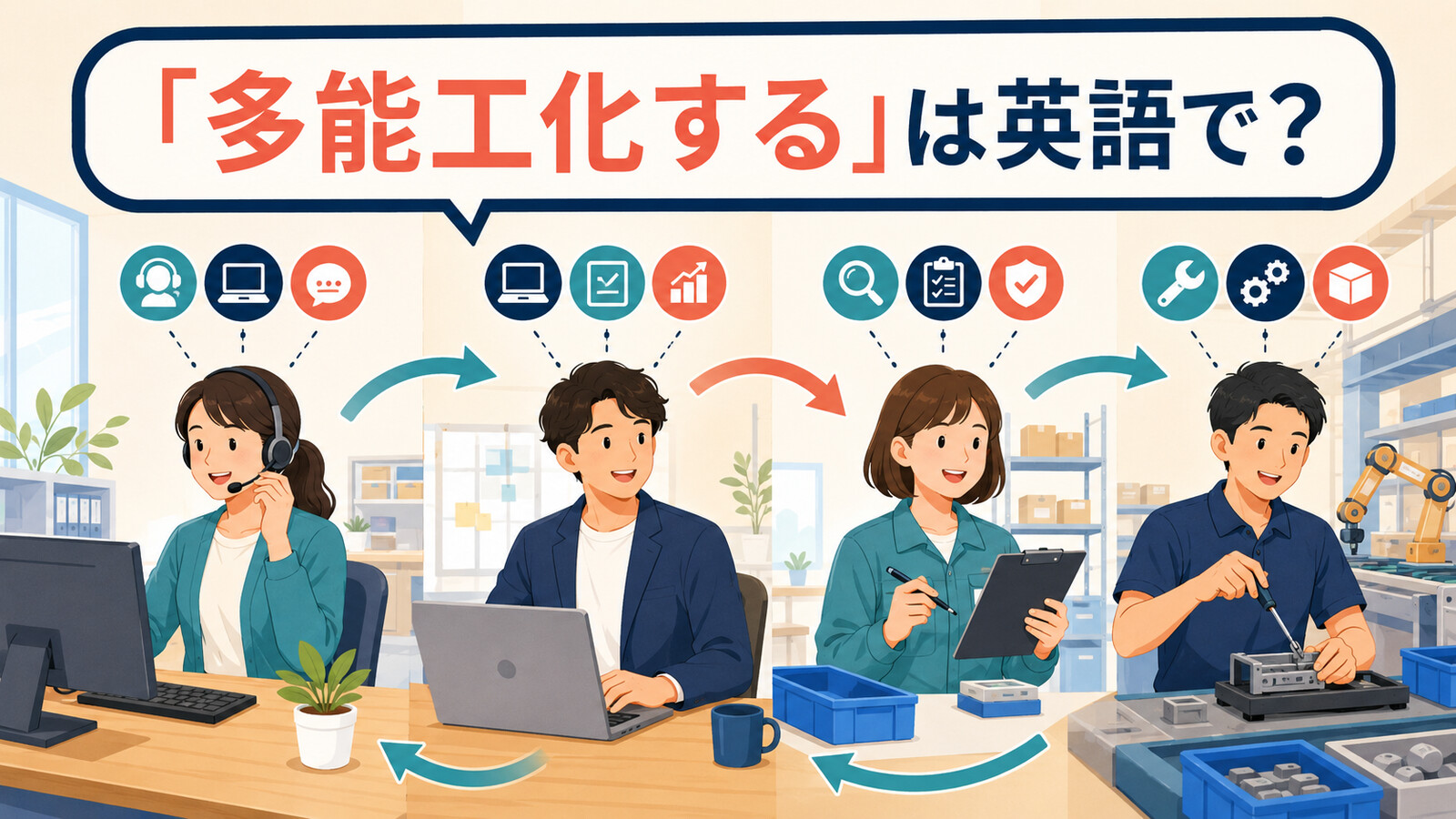 「多能工化する」は英語で?複数の業務を学び役割を交代する社員のイラスト