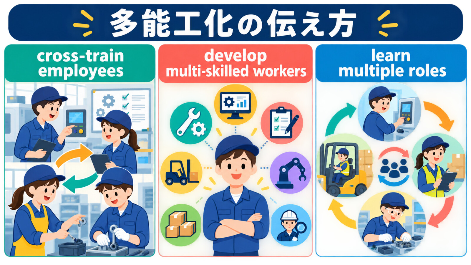 cross-train employees、develop multi-skilled workers、learn multiple rolesの違い