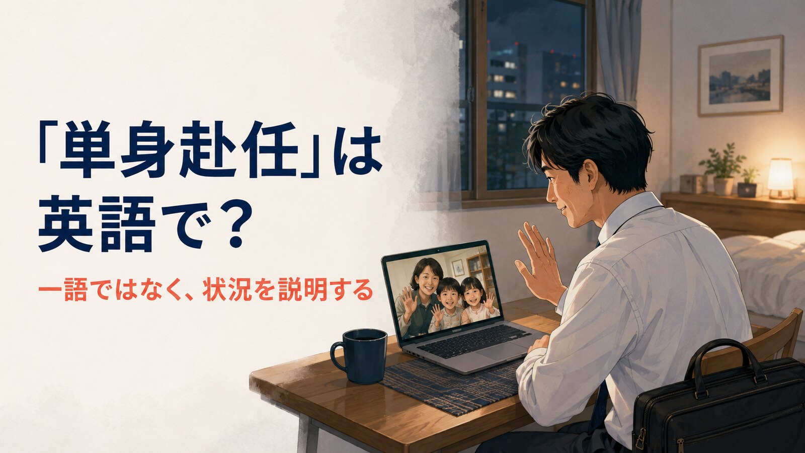 単身赴任は英語で一語ではなく状況を説明すると伝えるイラスト