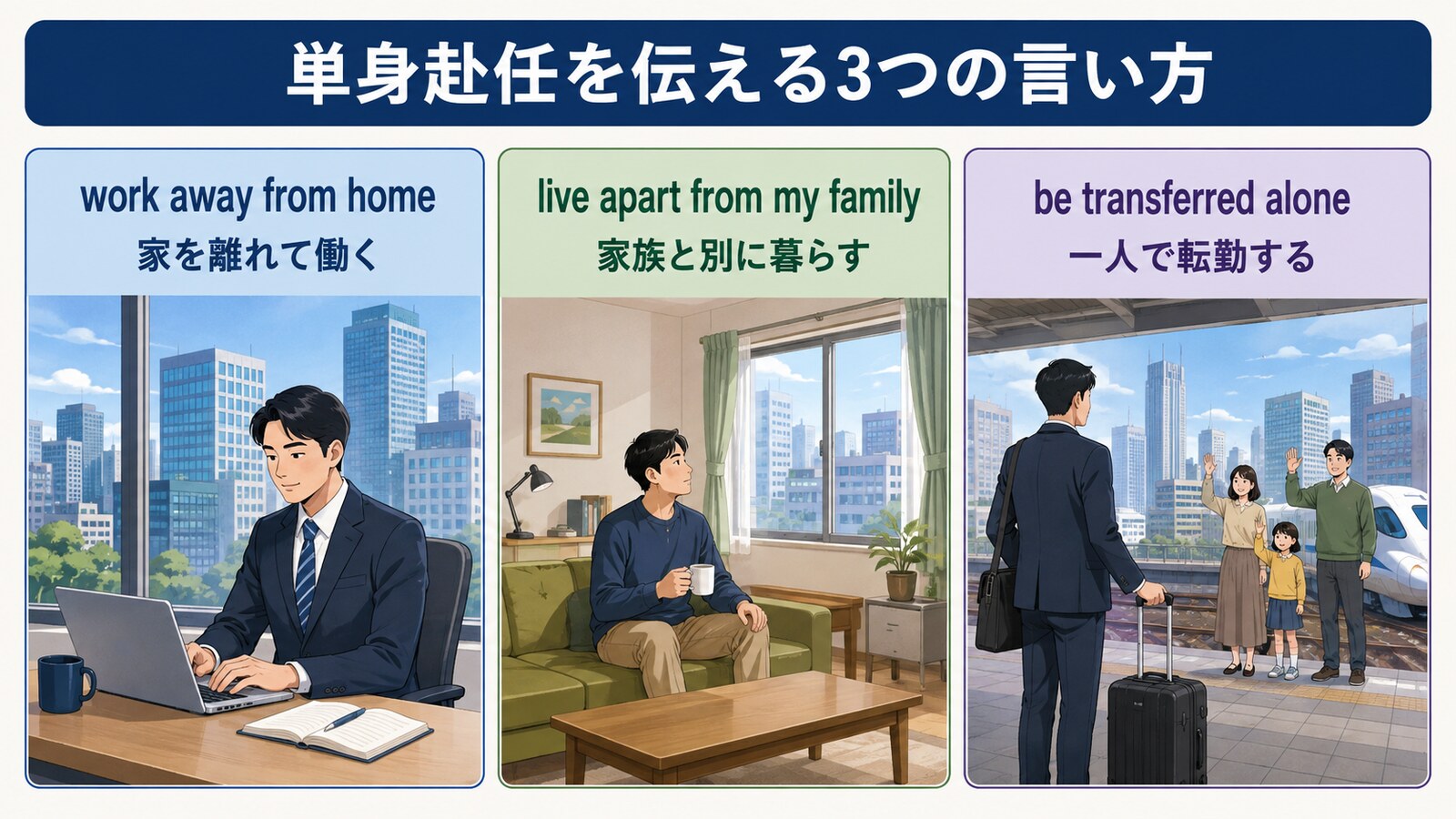 work away from home、live apart from my family、be transferred aloneの違い