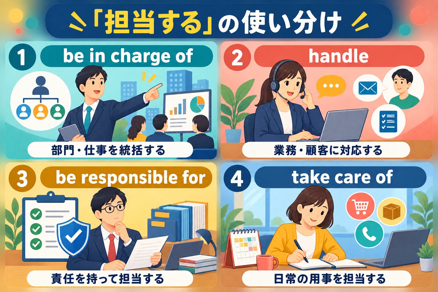 be in charge of、handle、be responsible for、take care ofの使い分け