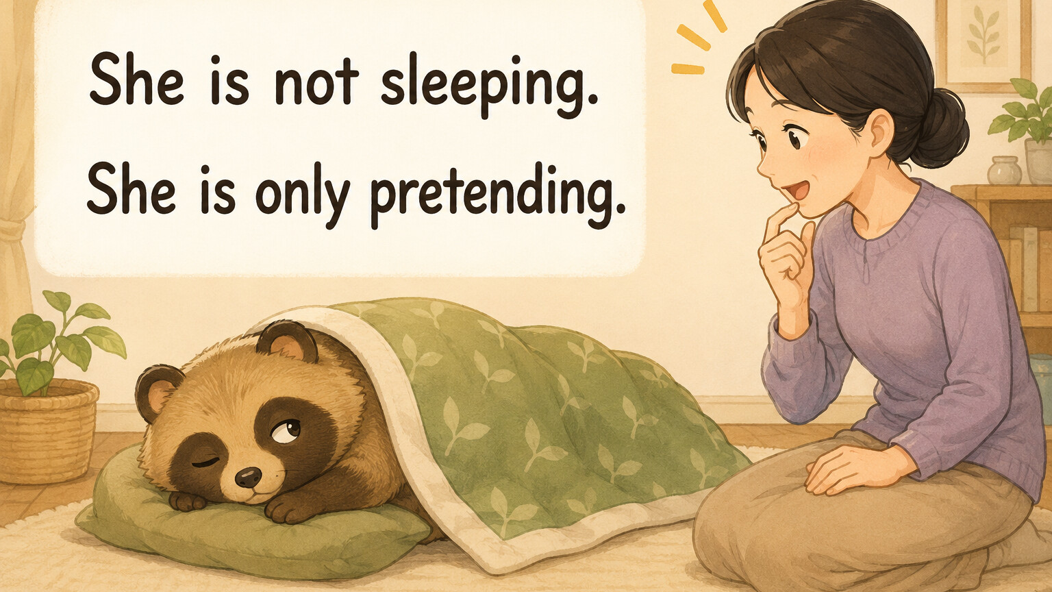 狸寝入りを She is not sleeping. She is only pretending. で表すイラスト