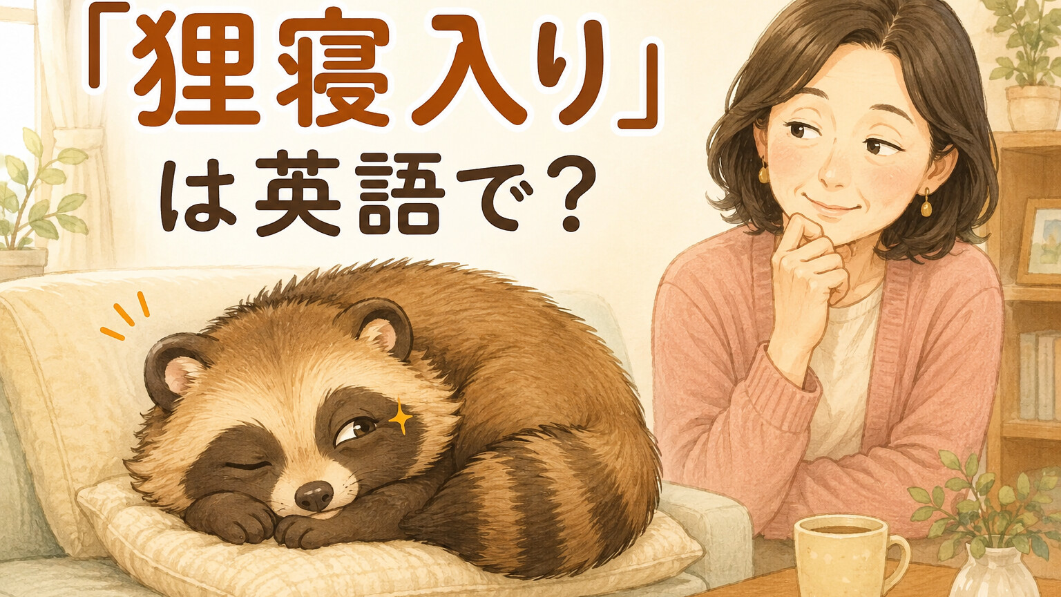 寝たふりをしながら片目で様子を見る狸のイラスト