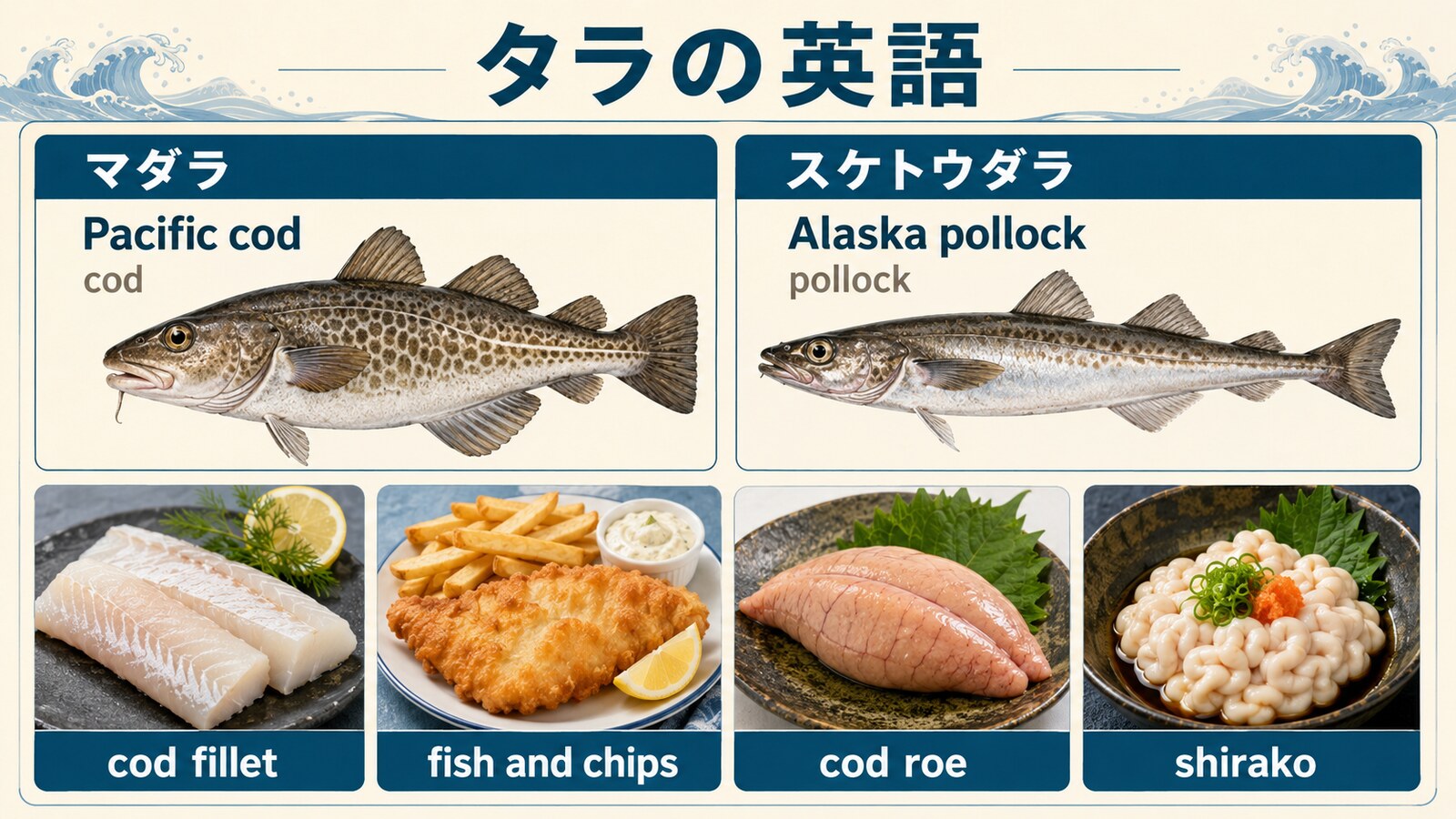 マダラ・スケトウダラの英語名とcod fillet・fish and chips・cod roe・shirakoを示す図解
