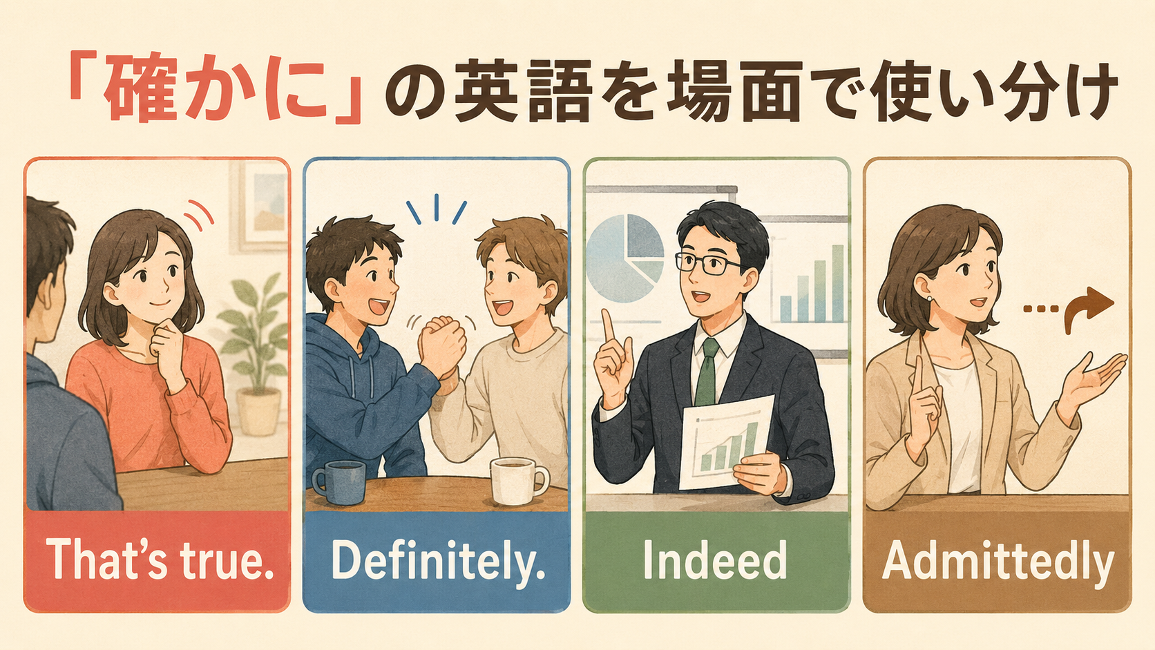 「確かに」の英語That’s true・Definitely・Indeed・Admittedlyの比較イラスト
