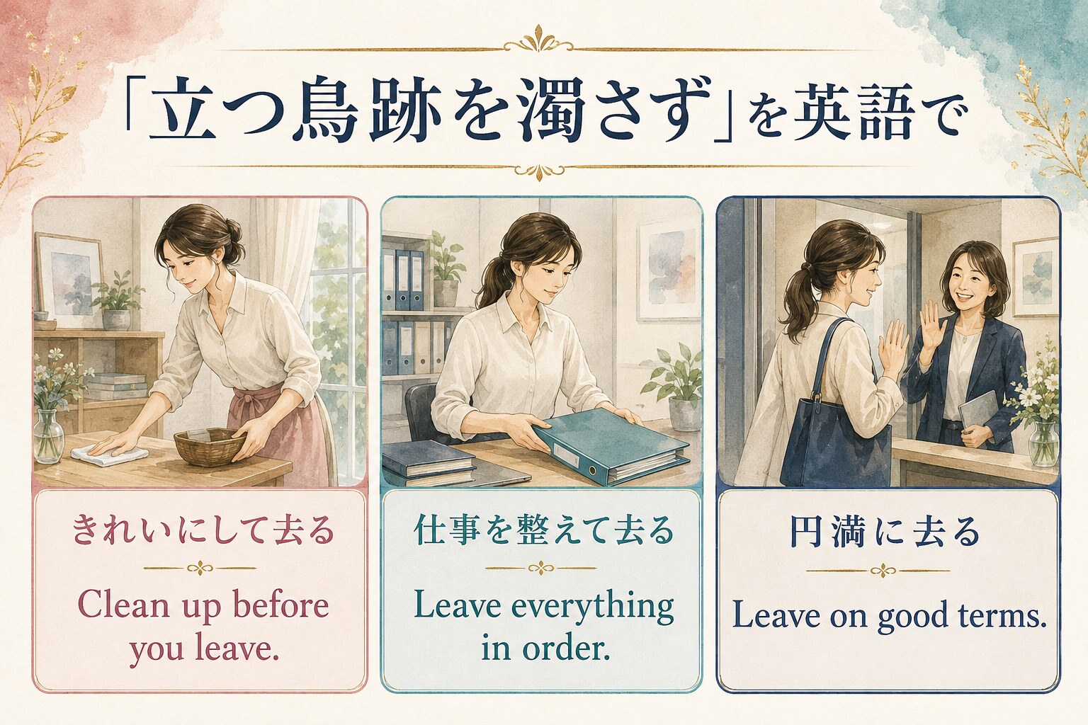 Clean up before you leave、Leave everything in order、Leave on good termsの比較図