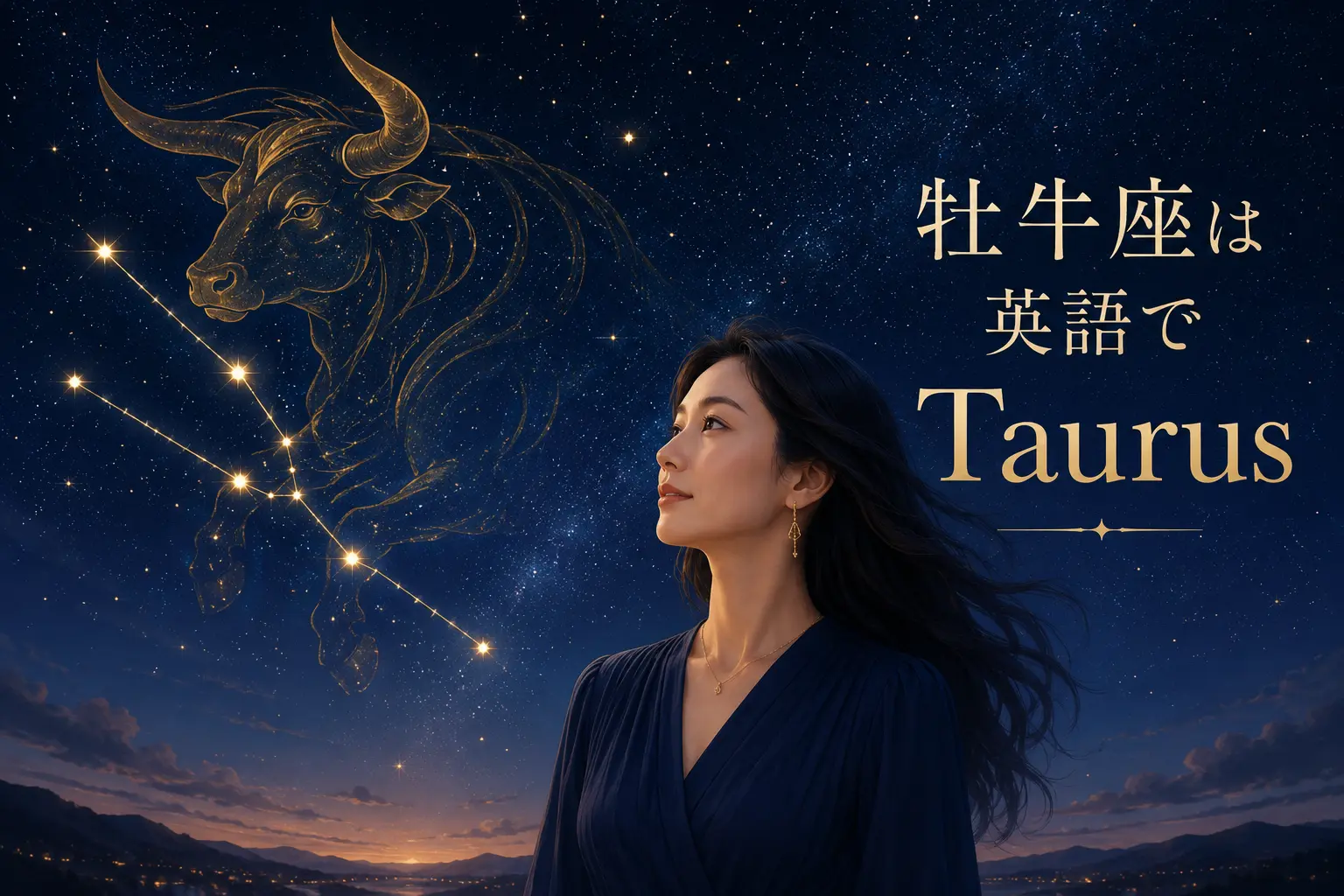 牡牛座は英語でTaurusと表すことを紹介する星空と女性のイラスト