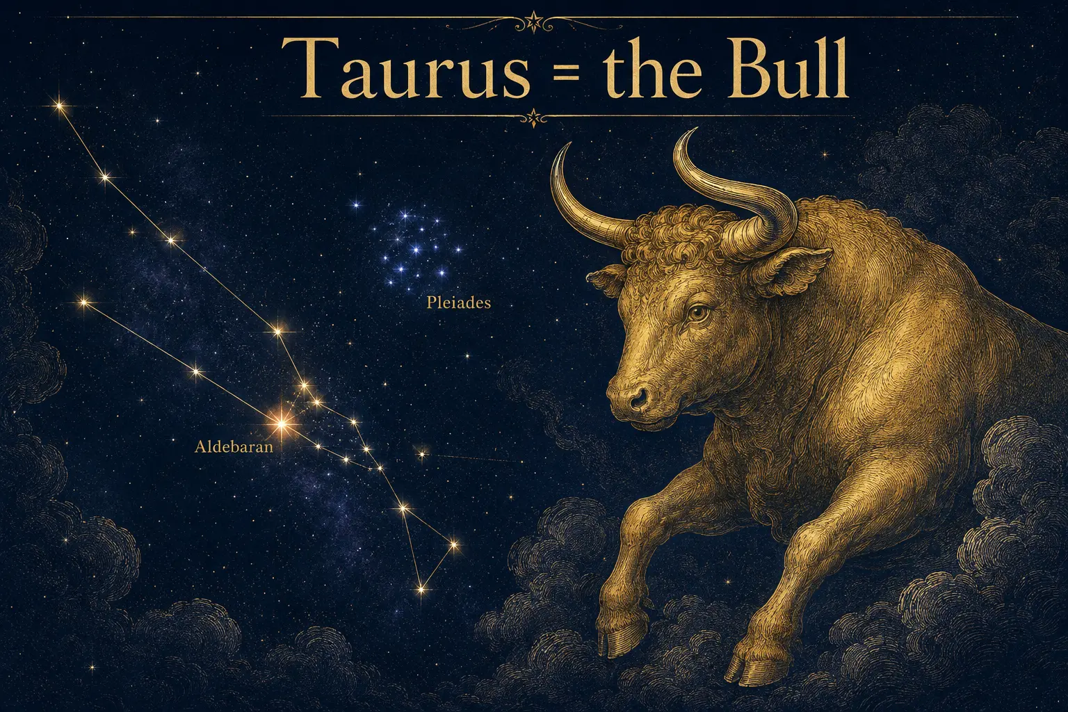 Taurusの雄牛とアルデバラン・プレアデス星団を示した星図風イラスト
