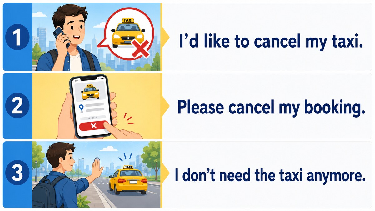 I’d like to cancel my taxi、Please cancel my booking、I don’t need the taxi anymoreの使い分け