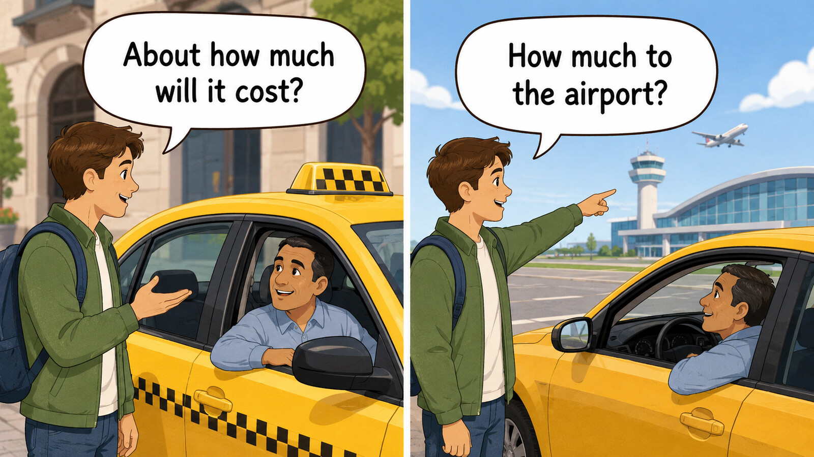 About how much will it cost?とHow much to the airport?を比較した解説イラスト