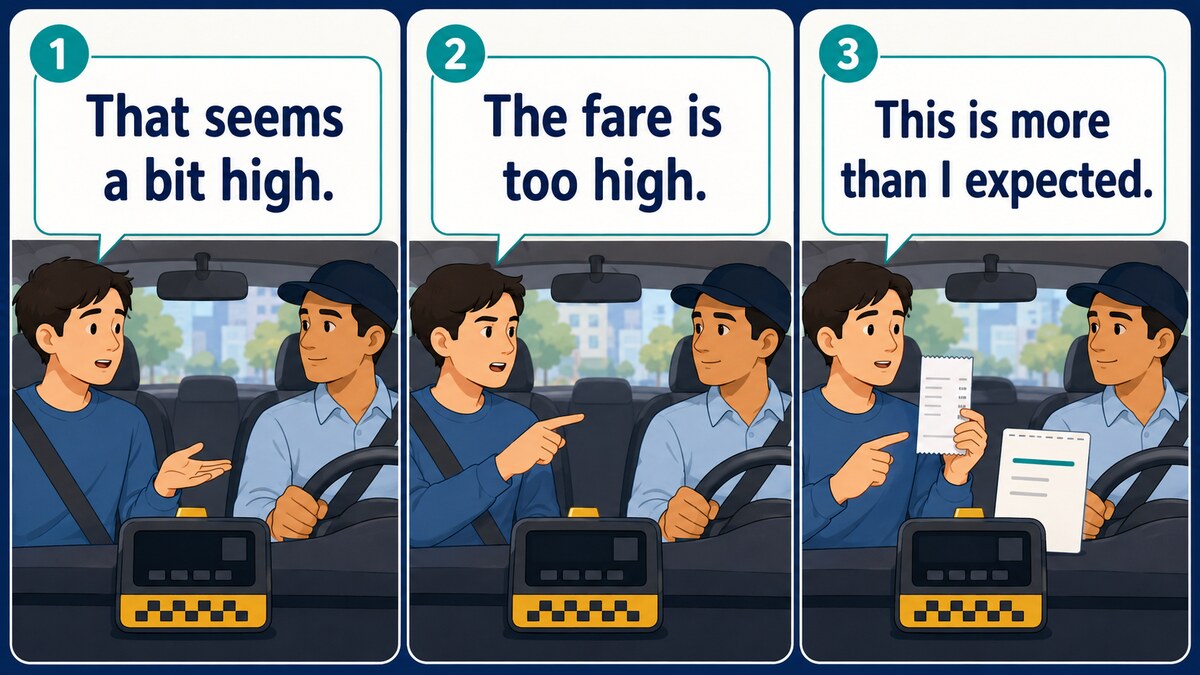 That seems a bit high.とThe fare is too high.とThis is more than I expected.の違い