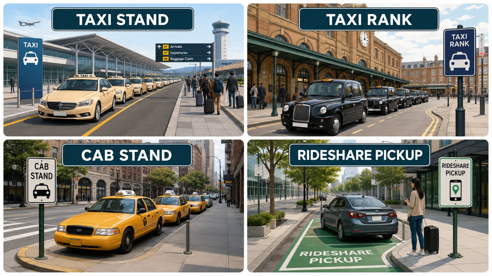 taxi stand・taxi rank・cab stand・rideshare pickupの違い