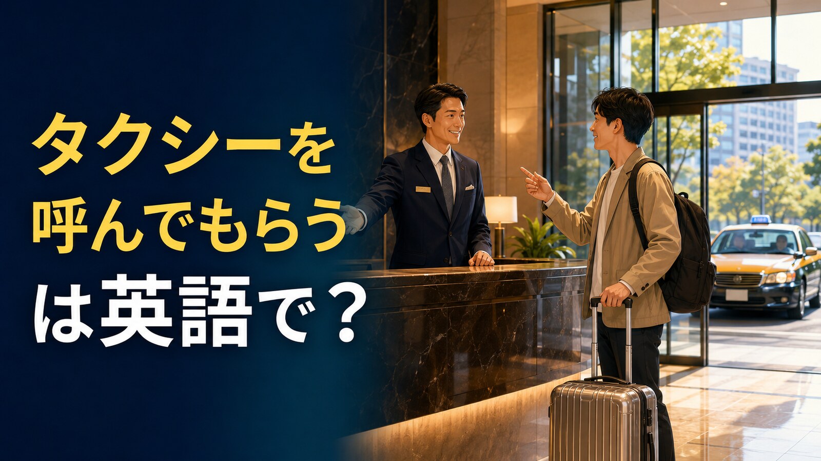 ホテルスタッフにタクシーを呼んでもらう旅行者