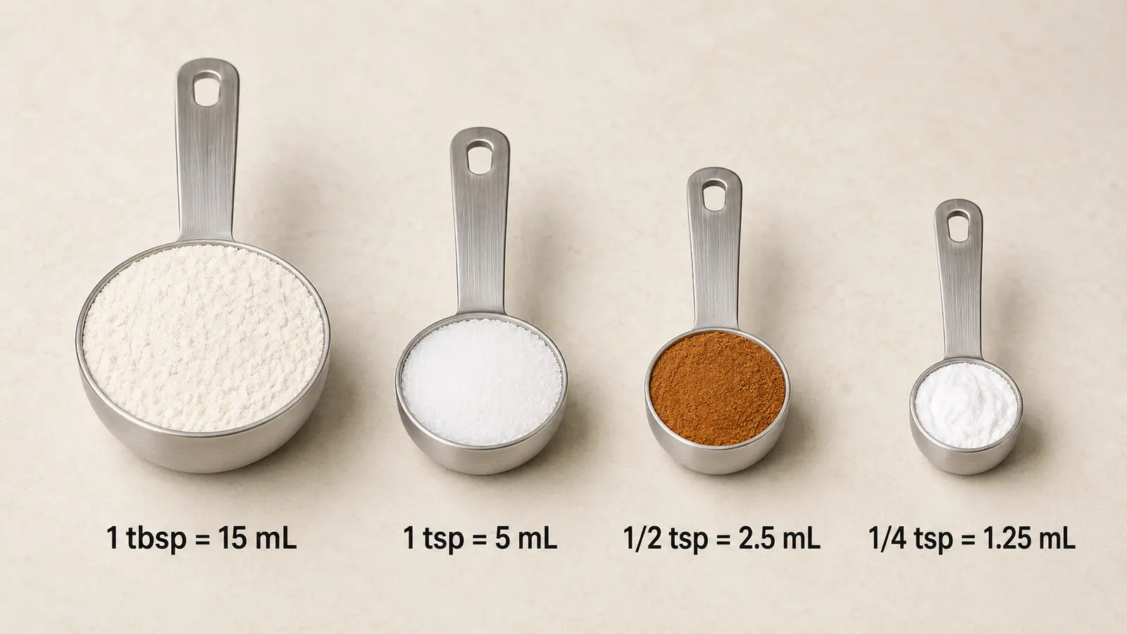 tablespoon、teaspoon、2分の1・4分の1 teaspoonの容量比較