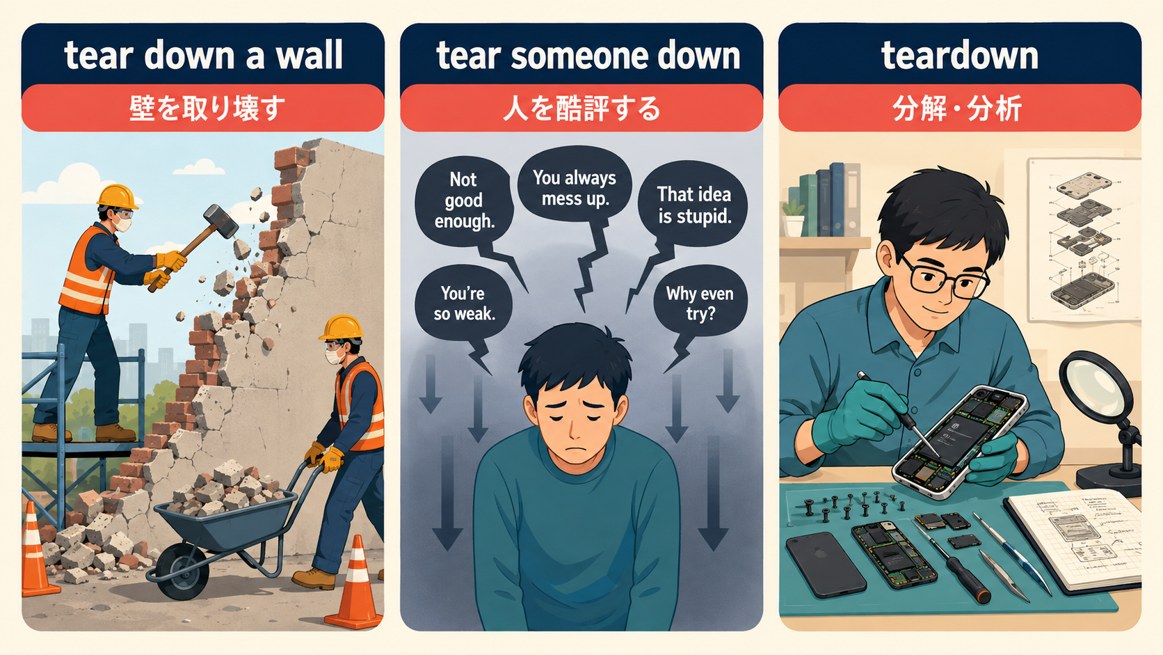 tear down a wall・tear someone down・名詞teardownを比較した図