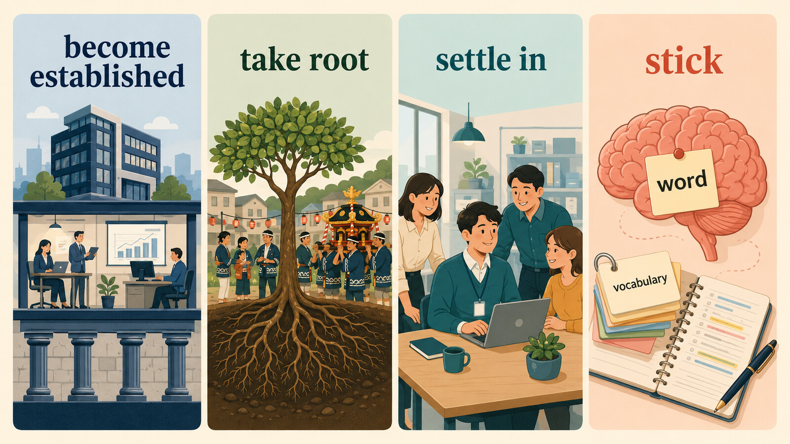 become established・take root・settle in・stickで「定着する」を使い分ける図