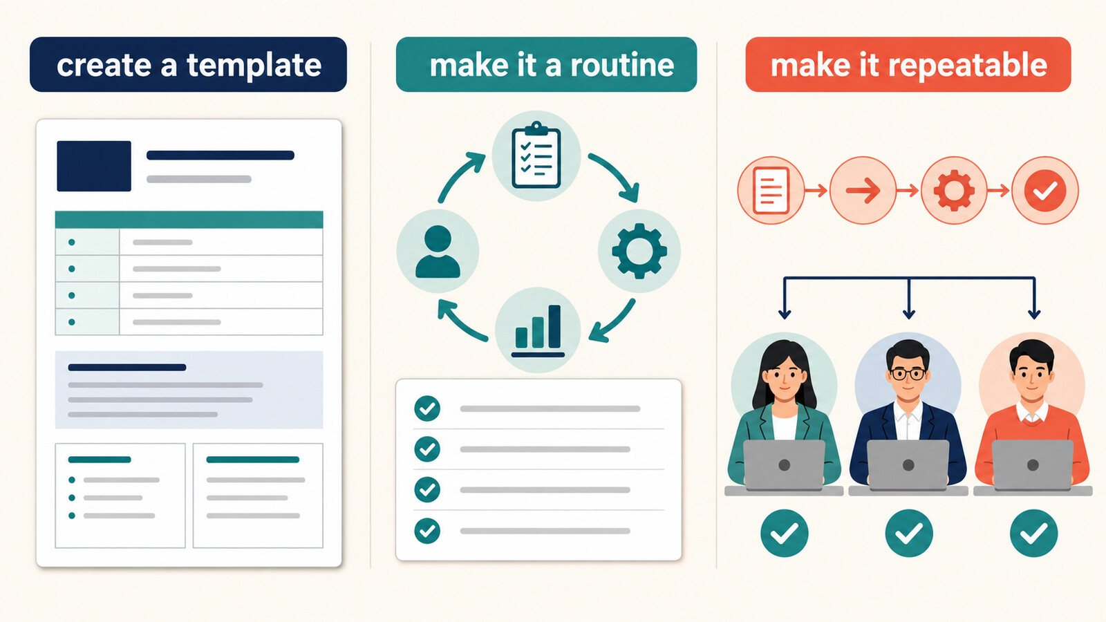 create a template・make it a routine・make it repeatableの違いを表した図