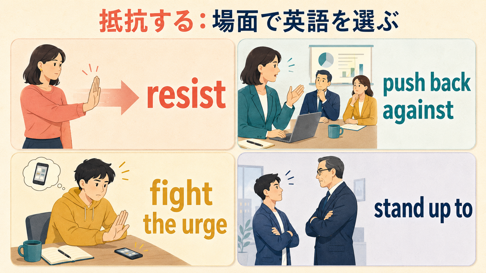 resist・push back against・fight the urge・stand up toの違い