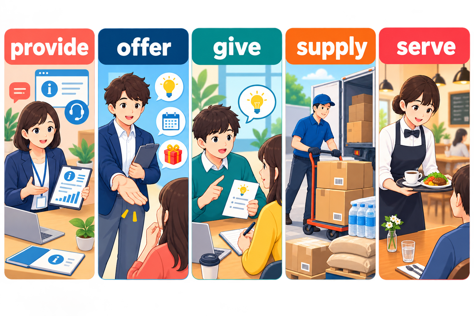provide・offer・give・supply・serveの違いを場面別に比較