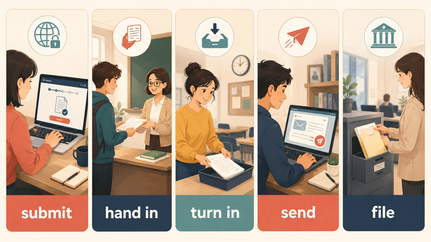 submit・hand in・turn in・send・fileの違い