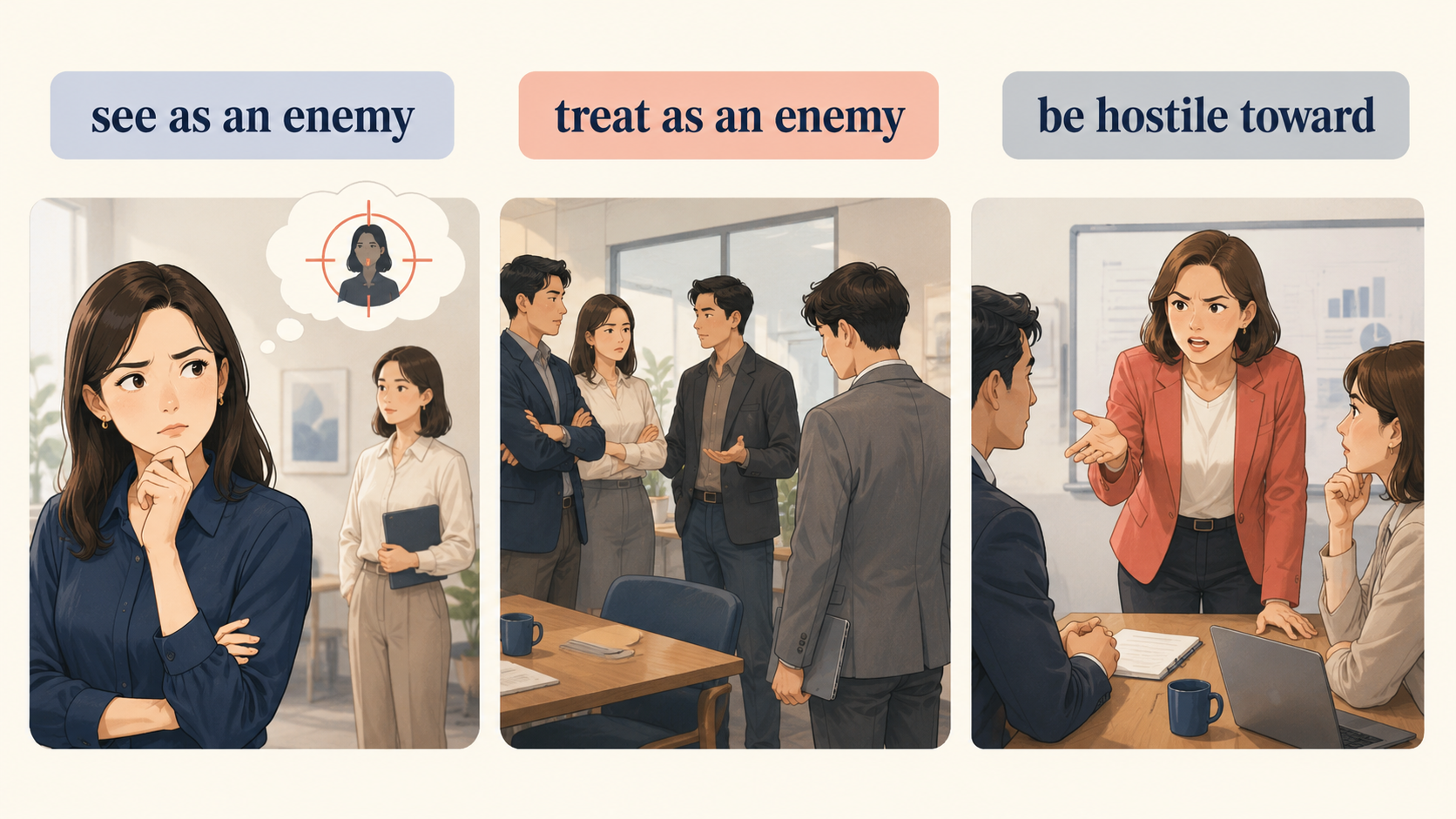 敵視するを表すsee as an enemy・treat as an enemy・be hostile towardの使い分け